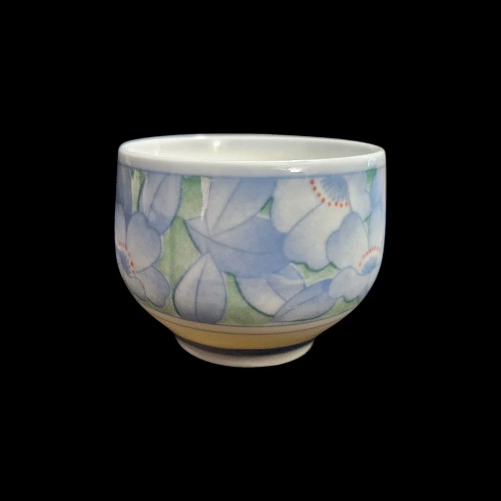 Set of 3 Floral Ceramic Tea Cups Pastel Blue Green Handleless Asian Style